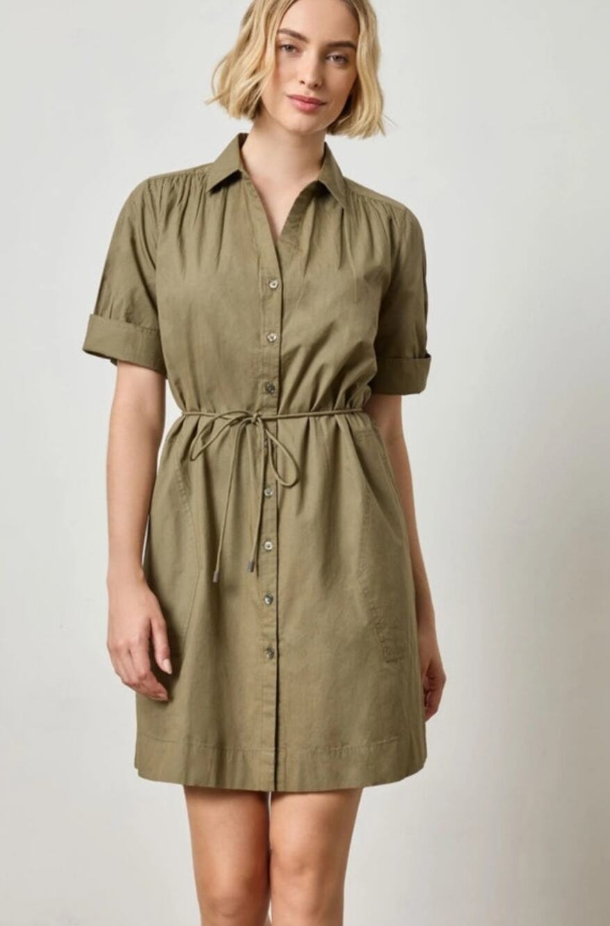 Lilla P Shirt Dress XS Green Cotton Tie Waist Button Front Casual Pockets
